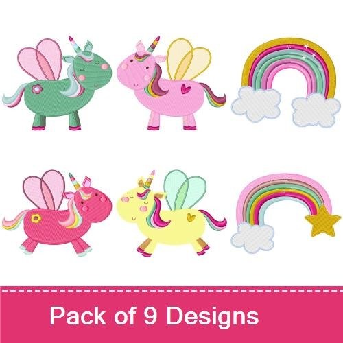 Unicorn & Rainbow Embroidery Designs Bundle – Pink Unicorn with Wings, Colorful Rainbow & More (9 Designs)