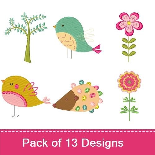 Garden Critters & Flora Embroidery Designs Bundle – Birds, Leaf, Tree, Flower & More (13 Designs)