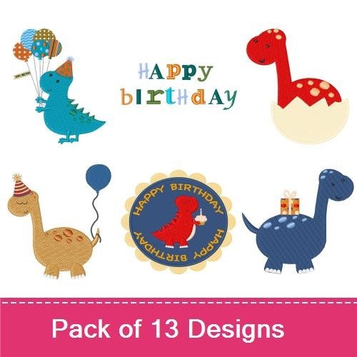 Applique Dinosaur Birthday Embroidery Bundle – Dinosaur with Balloons, Happy Birthday, Dinosaur Cake & More (13 Designs)