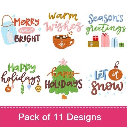 Cozy Holiday Greetings Embroidery Designs Bundle – Merry and Bright, Warm Wishes, Let It Snow & More (11 Designs)