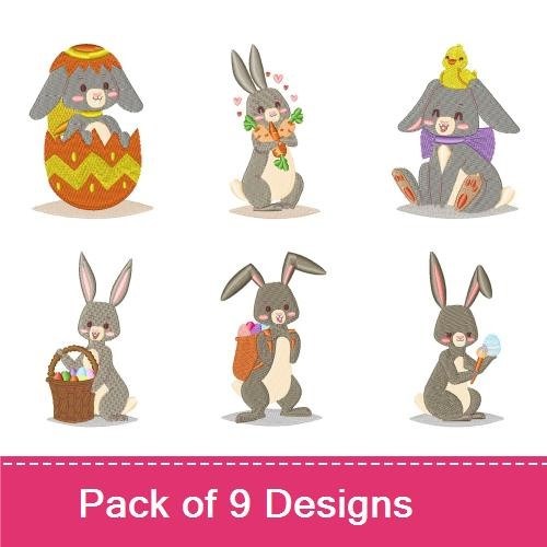 Easter Bunny Fun Embroidery Designs Bundle – Sleeping Bunny, Bunny with Egg, Bunny with Chick & More (9 Designs)
