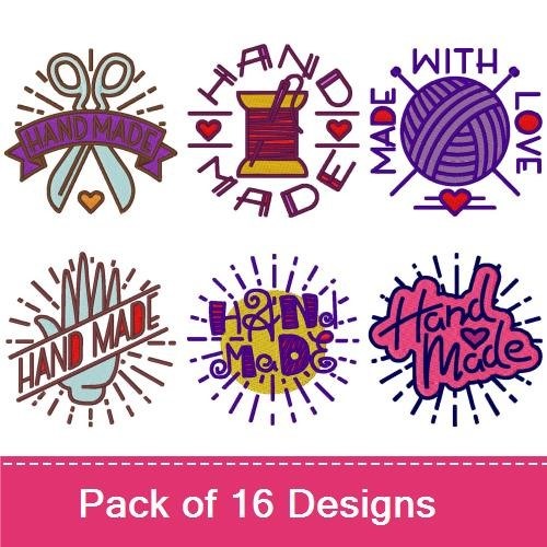 Handmade Craft Icons Embroidery Designs Bundle – 100% Handmade Badge, Craft Scissors, Sewing Basket & More (16 Designs)