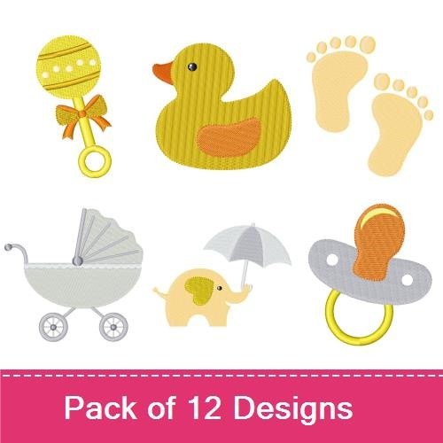 Baby Essentials Embroidery Designs Bundle – Baby Blocks, Duck, Rattle, Pacifier & More (12 Designs)