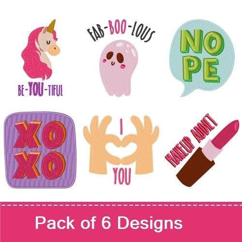 Cute and Fun Expressions Embroidery Designs Bundle – Unicorn, Ice Cream, Nope Text & More (6 Designs)