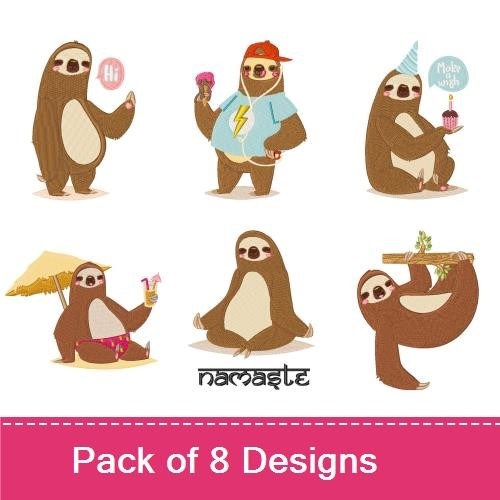 Cute Sloth Characters Embroidery Bundle – Sloth with Ice Cream, Sloth in Party Hat, & More (8 Designs)