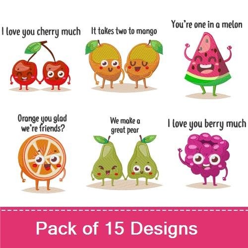 Cute Fruit Puns Embroidery Designs Bundle – You’re the apple of my eye, I'm bananas for you, & More (15 Designs)