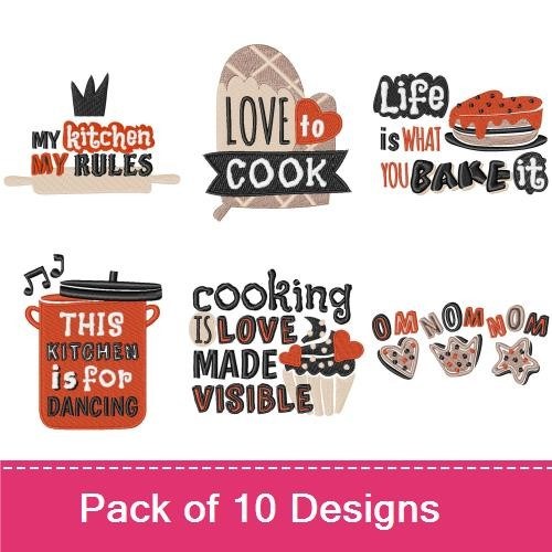 Kitchen Cooking Quotes Embroidery Bundle – Let's Cook, My Kitchen My Rules, Cooking is Love Made Visible & More (10 Designs)