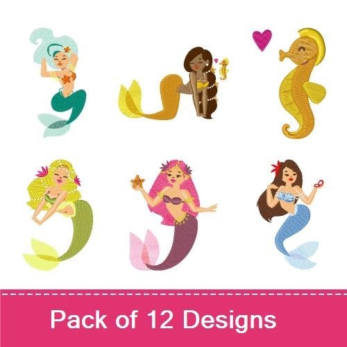 Colorful Mermaids & Sea Friends Embroidery Designs Bundle – Mermaid with Purple Tail, Sea Horse with Heart & More (12 Designs)