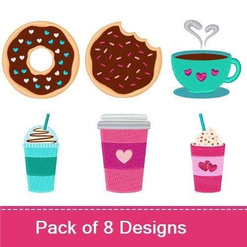 Sweet Treats & Beverages Embroidery Designs Bundle – Chocolate Doughnut, Pink Iced Doughnut, Cup of Coffee & More (8 Designs)