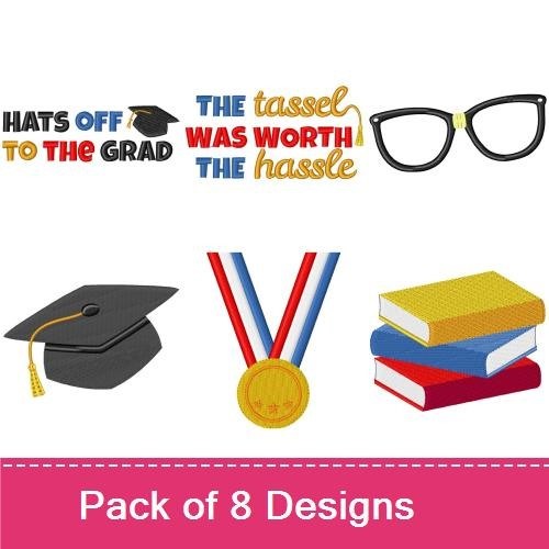 Graduation Celebration Embroidery Designs Bundle – Graduation Cap, Diploma, Graduation Text & More (8 Designs)
