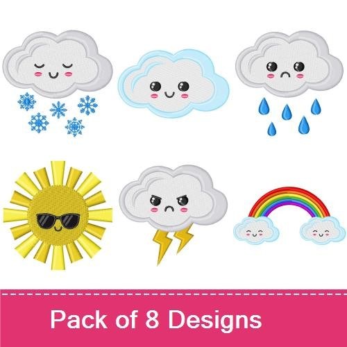 Cute Weather Characters Embroidery Designs Bundle – Smiling Cloud, Sun with Face, Rainbow & More (8 Designs)