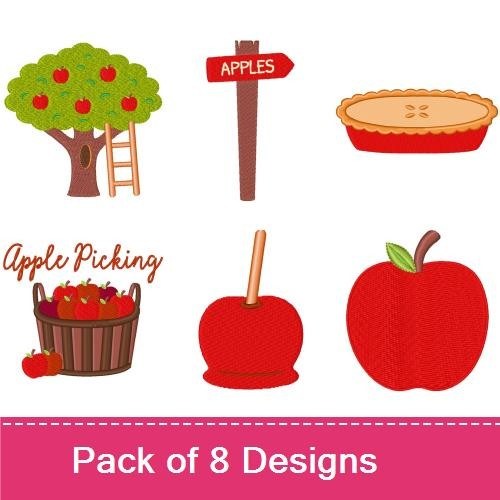 Apple Harvest Embroidery Designs Bundle – Apple Cider Jug, Apple Tree, Apple Sign & More (8 Designs)