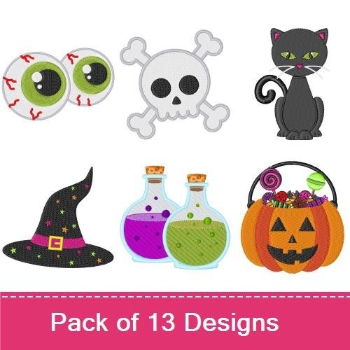 Halloween-themed Embroidery Designs Bundle – Bat, Eyeballs, Skull, Black Cat & More (13 Designs)