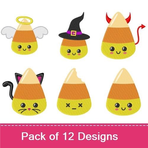 Halloween Candy Corn Embroidery Designs Bundle – Candy Corn with Witch Hat, Devil Horns, Cat Ears & More (12 Designs)