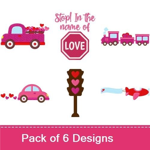 Applique Valentine's Vehicles Embroidery Bundle – Heart Truck, Heart Train, Love Stop Sign & More (6 Designs)
