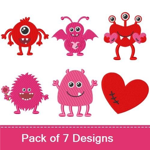 Cute Valentine Monsters Embroidery Designs Bundle – Red Monster, Pink Flying Monster, Cute Crab Monster & More (7 Designs)
