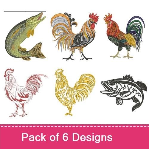 Farm Animal Embroidery Designs Bundle – Colorful Rooster, White Hen, Trout & More (6 Designs)