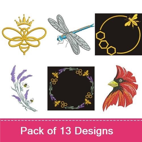 Birds and Bees Embroidery Bundle – Scarlet Macaw, Bluebird, Dragonfly & More (13 Designs)