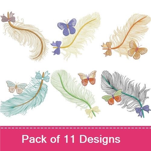 Feathers & Butterflies Embroidery Designs Bundle – Elegant Feather with Butterfly, Peacock Feather, & More (11 Designs)
