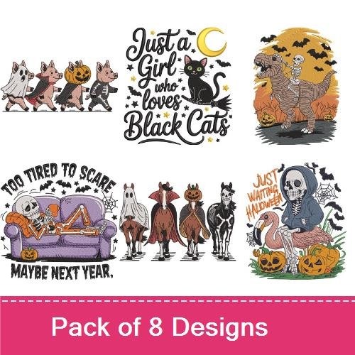 Halloween Pig Characters & Black Cats Embroidery Designs Bundle – Boo Crew, Coffee Monster, & More (8 Designs)