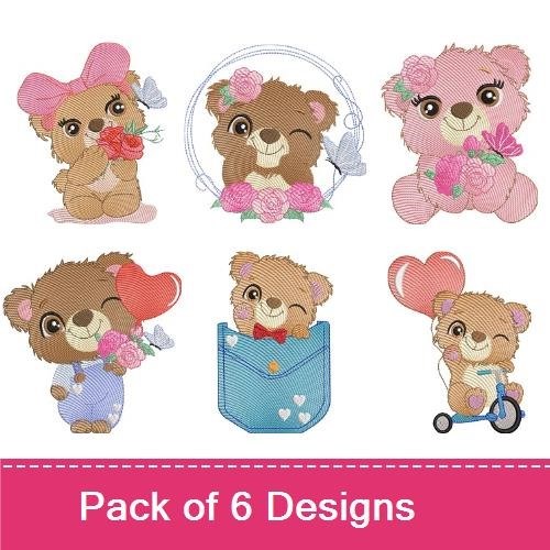 Cute Teddy Bears Embroidery Designs Bundle – Teddy Bear with Flowers, Teddy Bear Holding Heart & More (6 Designs)