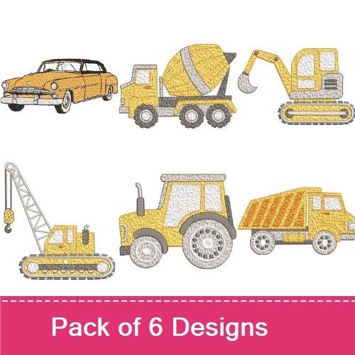 Construction Vehicles Embroidery Designs Bundle – Concrete Mixer Truck, Excavator, Crane & More (6 Designs)