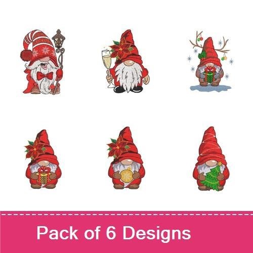 Festive Gnomes Embroidery Designs Bundle – Celebratory Gnome with Glass, Gnome with Poinsettia, Gnome with Candy Cane & More (6 Designs)
