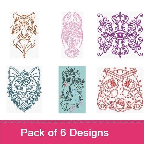 Redwork Intricate Line Art Embroidery Bundle – Decorative Eye, Feline Silhouette, Wolf Profile & More (6 Designs)