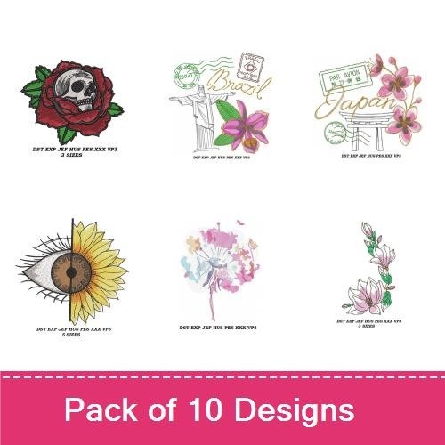 Floral and Symbol Embroidery Designs Bundle – Rose, Blue Flowers, Black Cat & More (9 Designs)