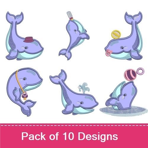 Applique Cute Baby Whales Embroidery Bundle – Whale with Blocks, Whale with Teddy Bear, & More (10 Designs)
