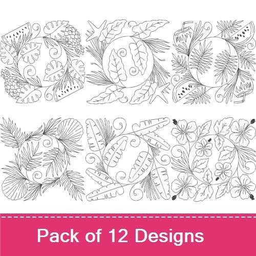 Redwork Tropical Leaves and Flowers Embroidery Designs Bundle – Tropical Flower Arrangement, Pineapple Design, & More (12 Designs)