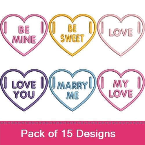 ITH Sweetheart Conversation Hearts Embroidery Designs Bundle – Be Mine, Ask Me, For Ever & More (15 Designs)