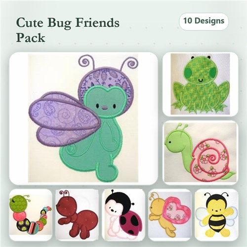 Applique Cute Insects and Bugs Embroidery Bundle – Butterfly, Frog, Snail, Ladybug & More (10 Designs)