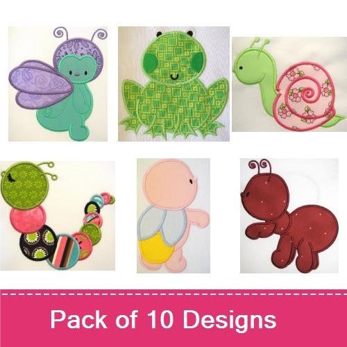 Applique Cute Insects and Bugs Embroidery Bundle – Butterfly, Frog, Snail, Ladybug & More (10 Designs)