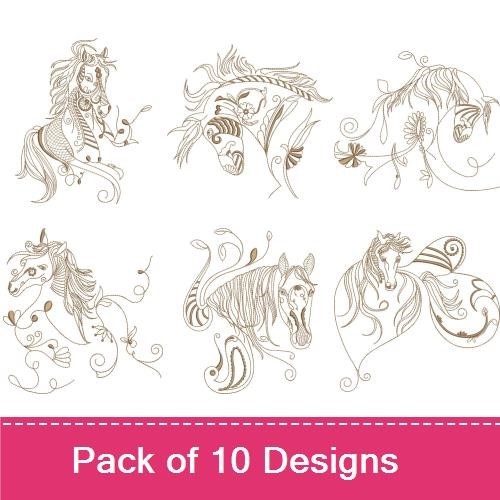 Redwork Elegant Horse Embroidery Designs Bundle – Jumping Horse, Horse with Heart, Rearing Horse & More (10 Designs)