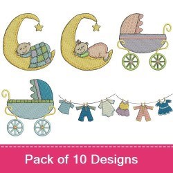 Baby-Themed Embroidery Designs Bundle – Sleeping Baby on Moon, Baby Carriage, Toy Horse & More (10 Designs)