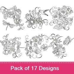Redwork Floral Embroidery Designs Bundle – Floral Arrangement with Hummingbird, Garden Flowers with Swirls, & More (17 Designs)