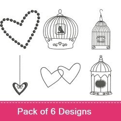Redwork Hearts and Birdcages Embroidery Designs Bundle – Birdcage with Bird, Heart Outline, Two Interlinked Hearts & More (6 Designs)