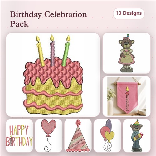 Birthday Celebration Embroidery Designs Bundle – Birthday Cake, Birthday Monkey, Happy Birthday Balloon & More (10 Designs)