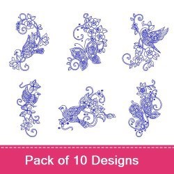Redwork Bluebird & Butterfly Embroidery Designs Bundle – Bluebird with Flowers, Butterfly with Flowers, & More (9 Designs)