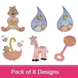 Applique Baby-Themed Embroidery Bundle – Baby with Duck, Giraffe, Pink Rattle & More (8 Designs)