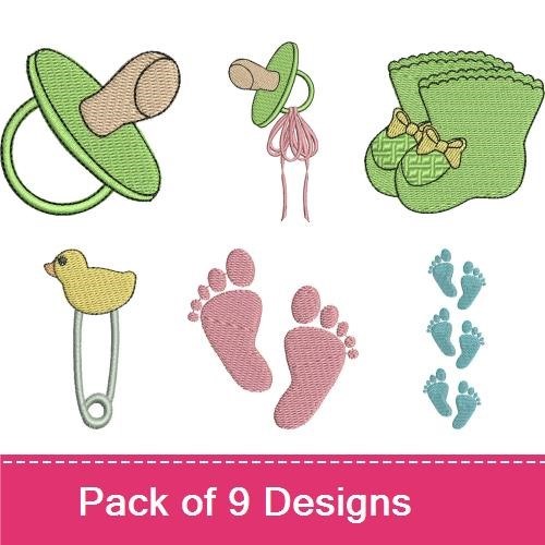 Baby Essentials Embroidery Designs Bundle – Pacifier, Baby Booties, Safety Pin, Duck & More (9 Designs)