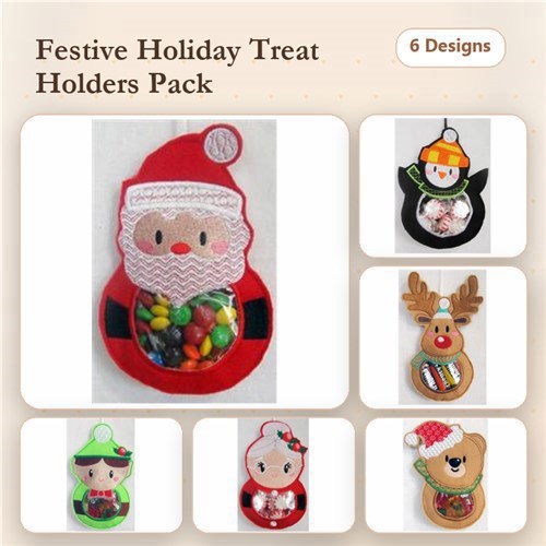 ITH Holiday Treat Holders Embroidery Bundle – Santa, Penguin, Reindeer, Elf & More (6 Designs)