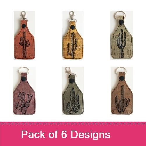 Key Fob Cactus Embroidery Designs Bundle – Cactus Key Fob with Red Background, Cactus Key Fob with Tan Background & More (6 Designs)
