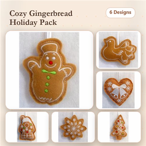 ITH Gingerbread Holiday Embroidery Designs Bundle – Gingerbread Man, Dove, Heart, Bell & More (6 Designs)