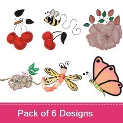 Nature-Themed Embroidery Designs Bundle – Flower with Leaves, Cherries, Bee & More (6 Designs)