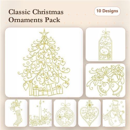 Redwork Christmas Ornaments Embroidery Designs Bundle – Christmas Tree, Snowman Ornament, Holly Arrangement & More (10 Designs)