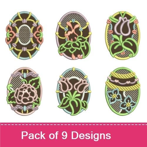 FSL Vintage Floral Lace Embroidery Designs Bundle – Egg with Bow, Egg with Vines, Egg with Roses & More (9 Designs)