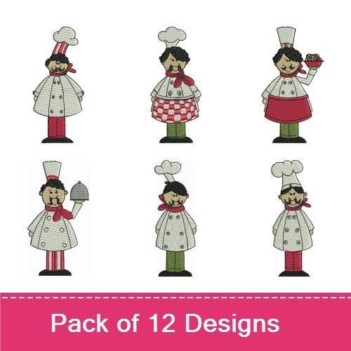 Chefs & Pizza Characters Embroidery Designs Bundle – Whimsical Chef with Plate, Pizza Slice & More (12 Designs)