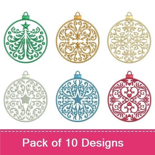 Redwork Christmas Ornament Embroidery Bundle – Green Christmas Tree Ornament, Red Swirl Ornament & More (10 Designs)
